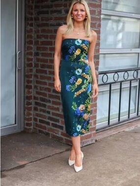 Amanda Uprichard Dark Green Strapless Floral Midi Dress